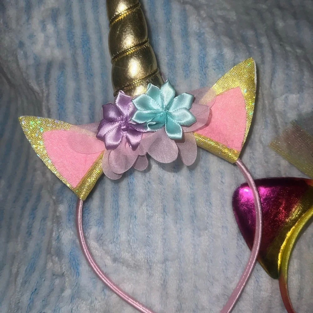 4x pack - pink Unicorn Headband + 4 clips + wolf ears + free rainbow headband.